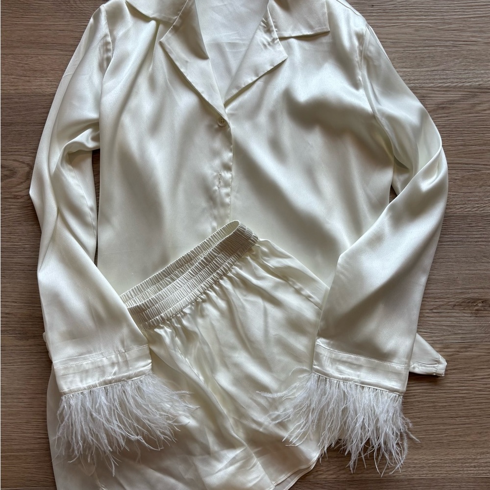 Audrey Adele (Anthropologie) Feather-Trim Pajama Blouse & Shorts Set Ivory Bride